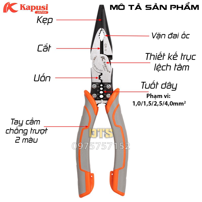 Bộ Kìm cắt - Kìm nhọn, kìm đa năng công nghiệp Nhật Kapusi JAPAN thép CR-V cao cấp, thiết kế tiên tiến tiết kiệm 30%