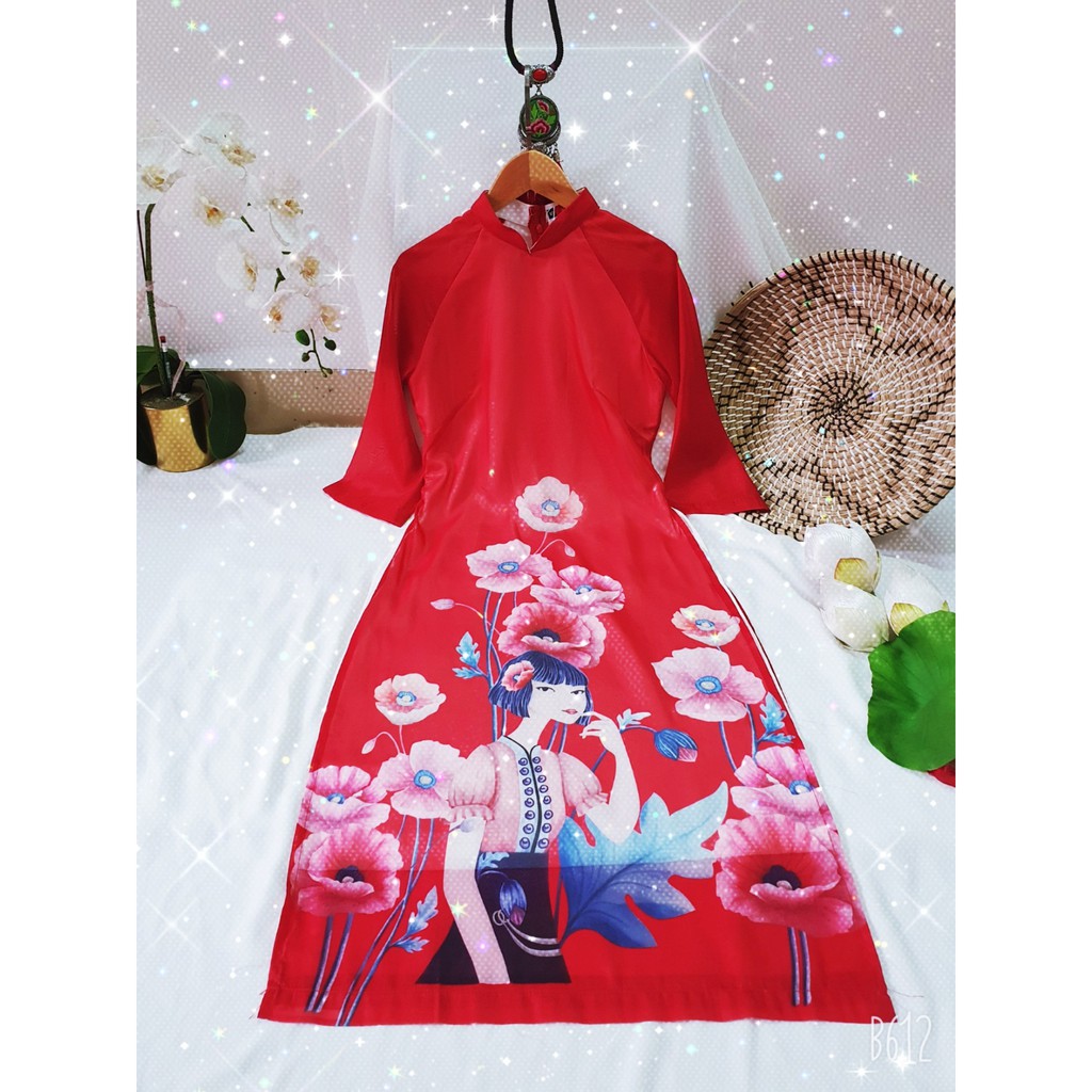 Áo dài lụa 🎀FREESHIP🎀Áo dài cách tân đỏ in hình cô gái | BigBuy360 - bigbuy360.vn