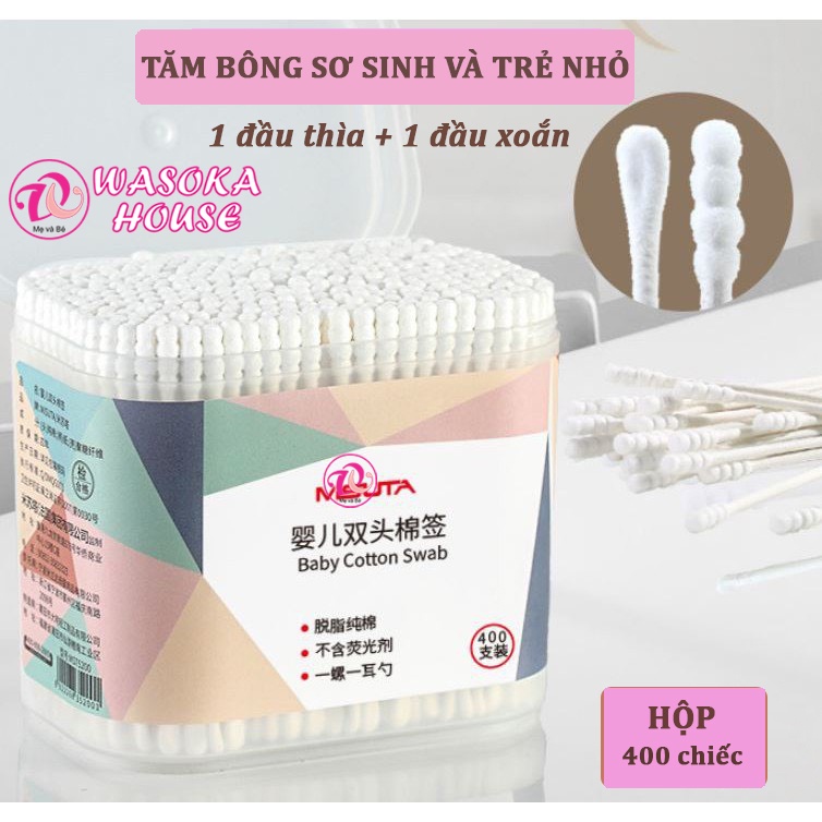 Tăm bông cho bé sơ sinh và trẻ nhỏ Misuta (hộp 400 que), bông tự nhiên an toàn lành tính cho bé