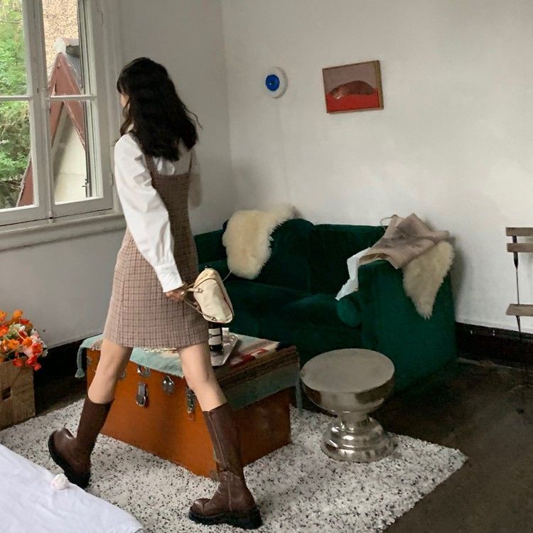 Đầm len chữ A thắt nơ họa tiết kẻ sọc ngọt ngào thời trang thu đông kiểu Pháp mới 2021