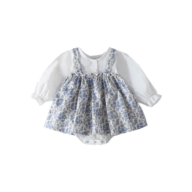 Bộ Áo Liền Quần Cotton Tay Dài In Hoa + Mũ Thời Trang Cho Bé Gái 0-2 Tuổi