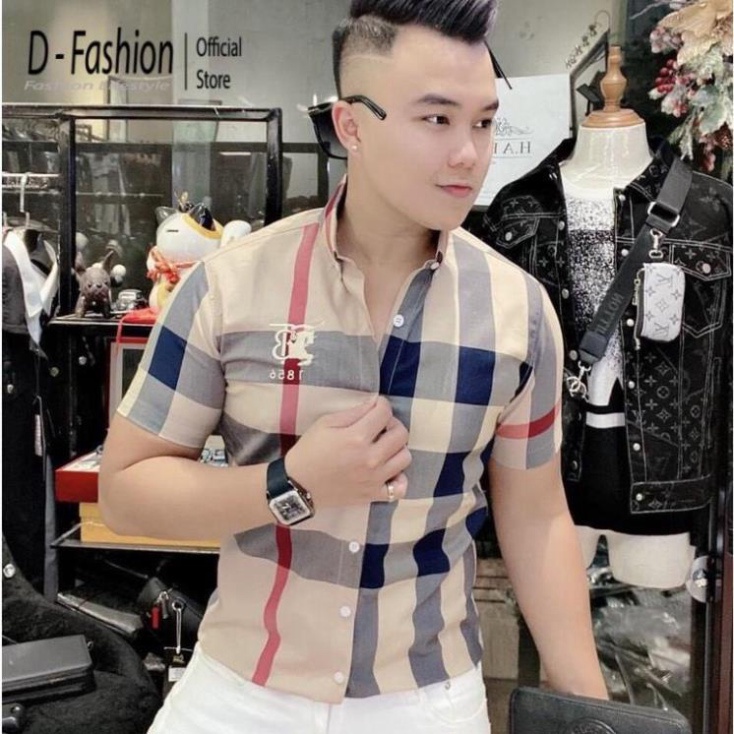 Áo sơ mi Nam Nữ- vải lụa mặc mát công sở-thời trang-ĐỦ SIZE40-75KG-Áo sơ mi cộc tay kẻ sọc caro Burberry các màu giá rẻ