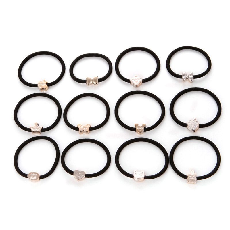 Set 10 Dây Cột Tóc Co Giãn Màu Đen / Vàng Kim Họa Tiết Hoạt Hình Phong Cách Hàn Quốc Cho Nữ