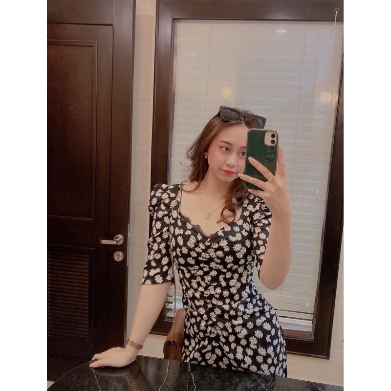 [Mã SKAMSALEP6 giảm 10% tối đa 100K đơn 150K] ( Ảnh thật ) V0901 váy hoa cúc cổ nhún | BigBuy360 - bigbuy360.vn