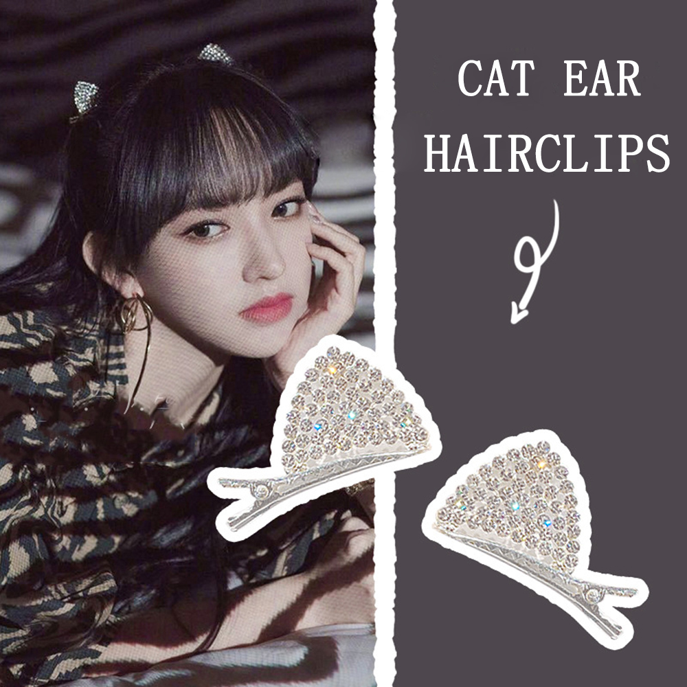 Set 2 Kẹp Tóc Nữ Hình Tai Mèo Đính Pha Lê Xinh Xắn