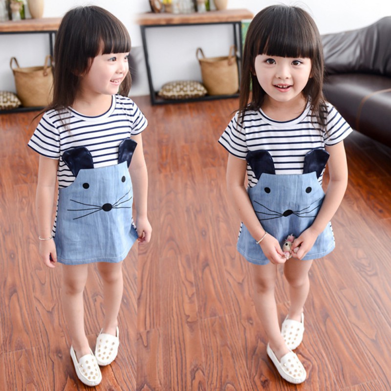 Đầm sọc phối vải denim thêu hình mèo con xinh xắn cho bé