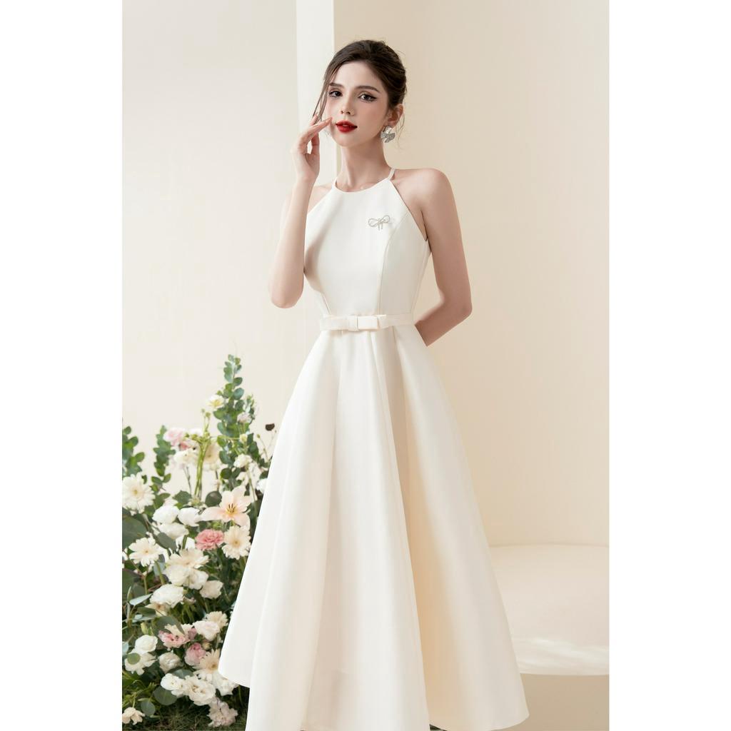 Váy cổ yếm nơ đá đai nơ eo TIINSTORE V0D827