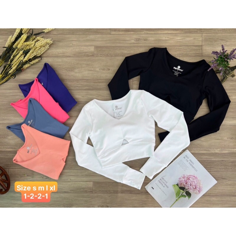 Áo croptop tay dài, Áo tay dài nữ kèm mút ngực, áo tập yoga gym dài tay