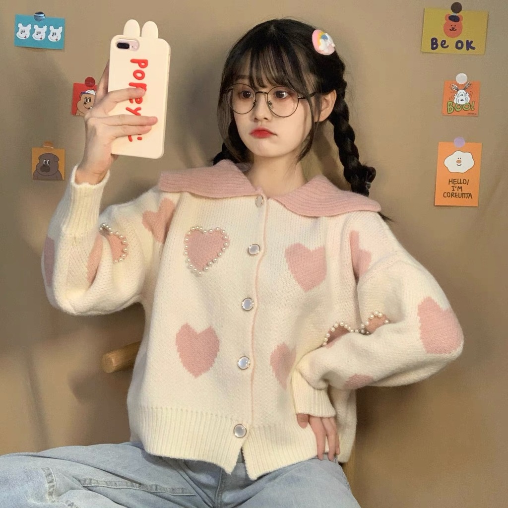 Áo Khoác Cardigan Đính Ngọc Trai Thời Trang Thu Đông Dễ Thương Cho Nữ