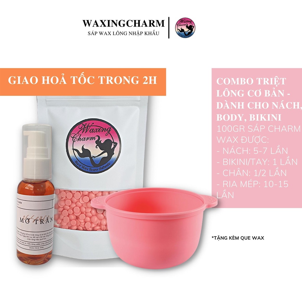 Combo Wax Sáp Wax Lông Nóng Waxingcharm, Mỡ Trăn Và Chén Nấu Sáp Silicon Dành Cho Nách, Body, Bikini