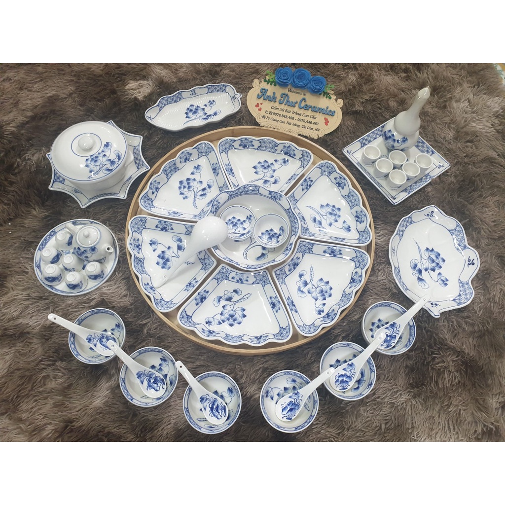 Bộ bát đĩa hoa mặt trời men gốm vẽ hoa sen cành viền tranh Bát Trànghàng chuẩn loại 1 decor bàn ăn dễ thương