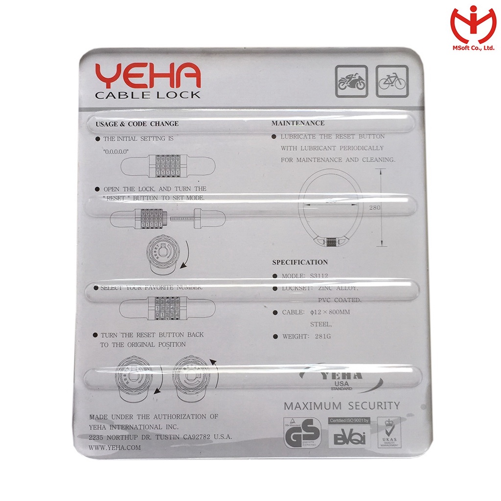 [Hỏa tốc HCM] Khóa dây xe đạp 5 số YEHA S3112 dây cáp dài 0.8m x 12mm - MSOFT