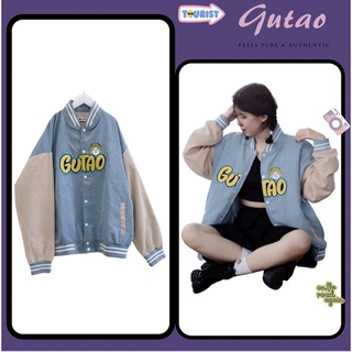Áo khoác bomber varsity GUTAO xanh dương, chất liệu nhung tăm 2 lớp phối hình thêu