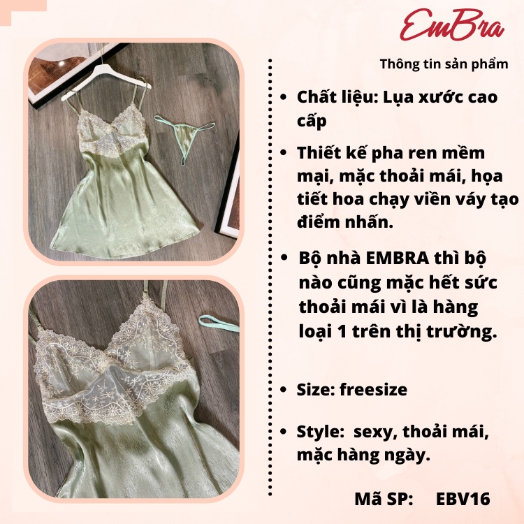 Váy ngủ 2 dây pha ren chất liệu lụa xước cao cấp Embra EBV16