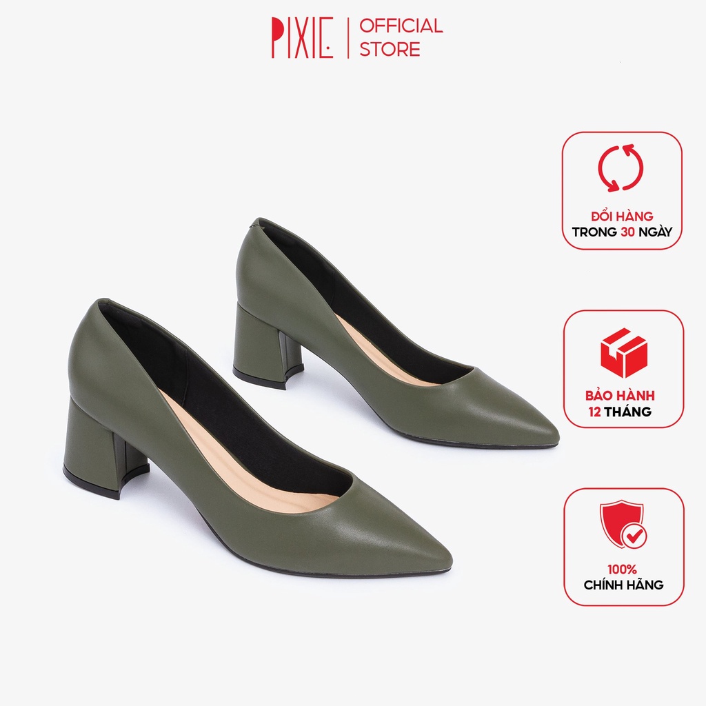 [Form nhỏ] Giày Cao Gót Đế Vuông 5cm Mũi Nhọn Basic Màu Nâu Pixie P055