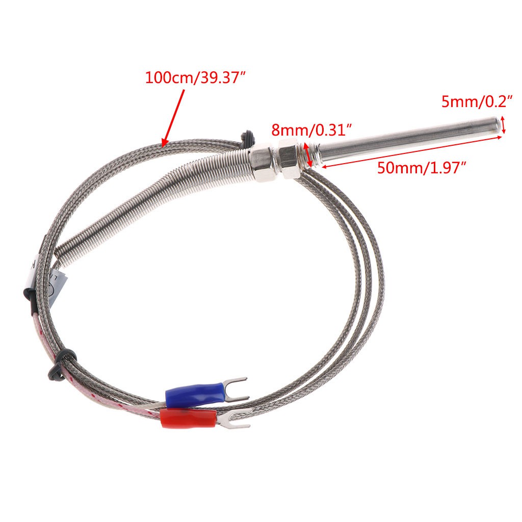 1M K-Type Thermocouple Probe 5mm x 50mm 2Wire M8 Thread 3.3Ft Temperature Sensor