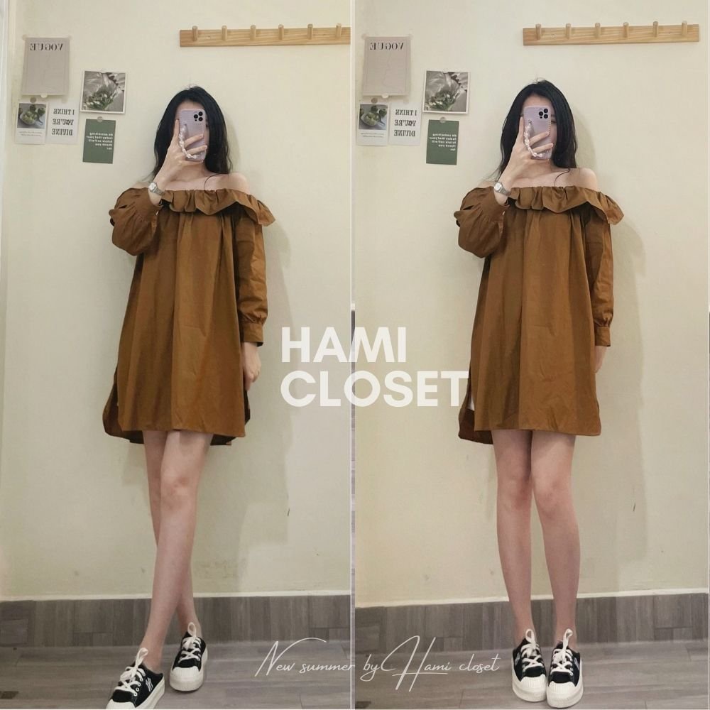 Áo dáng dài trễ vai xẻ tà chất thô mịn ba màu xanh cốm trắng nâu Hami 1154