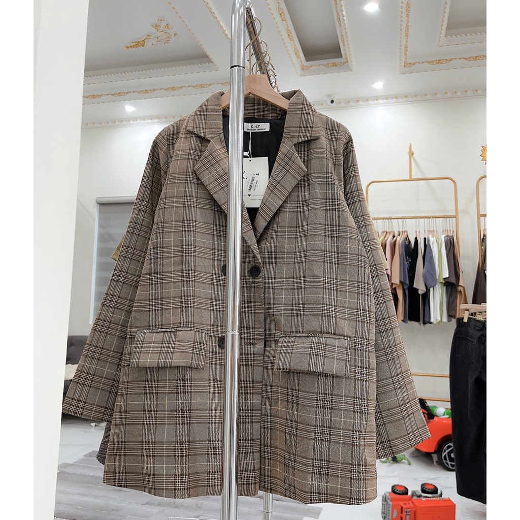 [ẢNH THẬT]Áo blazer màu Kẻ Nâu Tay sang chảnh trơn Khoác Dạ Dáng Dài - dáng suông rộng trượt vạt bầu dáng rộng- áo khoá