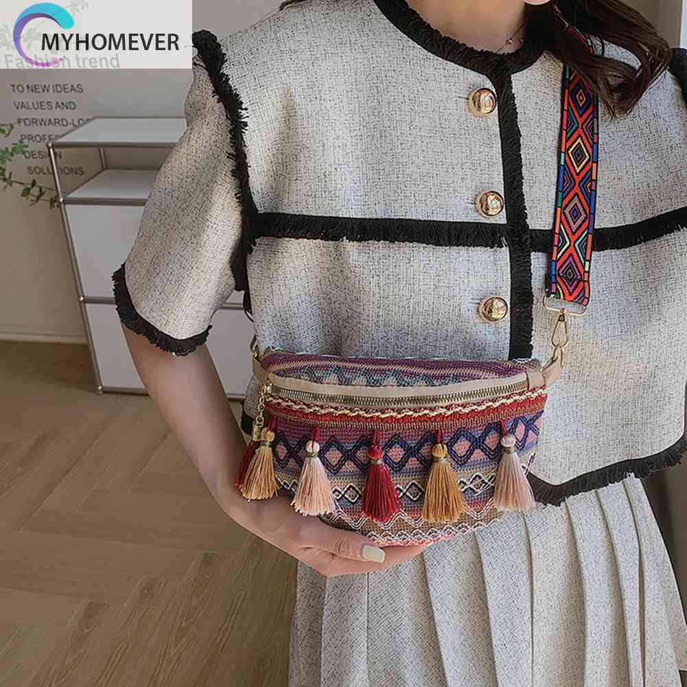 Túi Đeo Chéo Ngực Vải Canvas Phối Tua Rua Phong Cách Thổ Cẩm