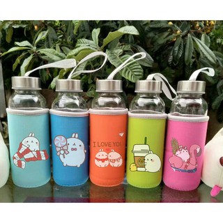 Bình nước molang thuỷ tinh có dây xách BNVI5 chai nước hoạt hình bọc vải cute dễ thương 350ml