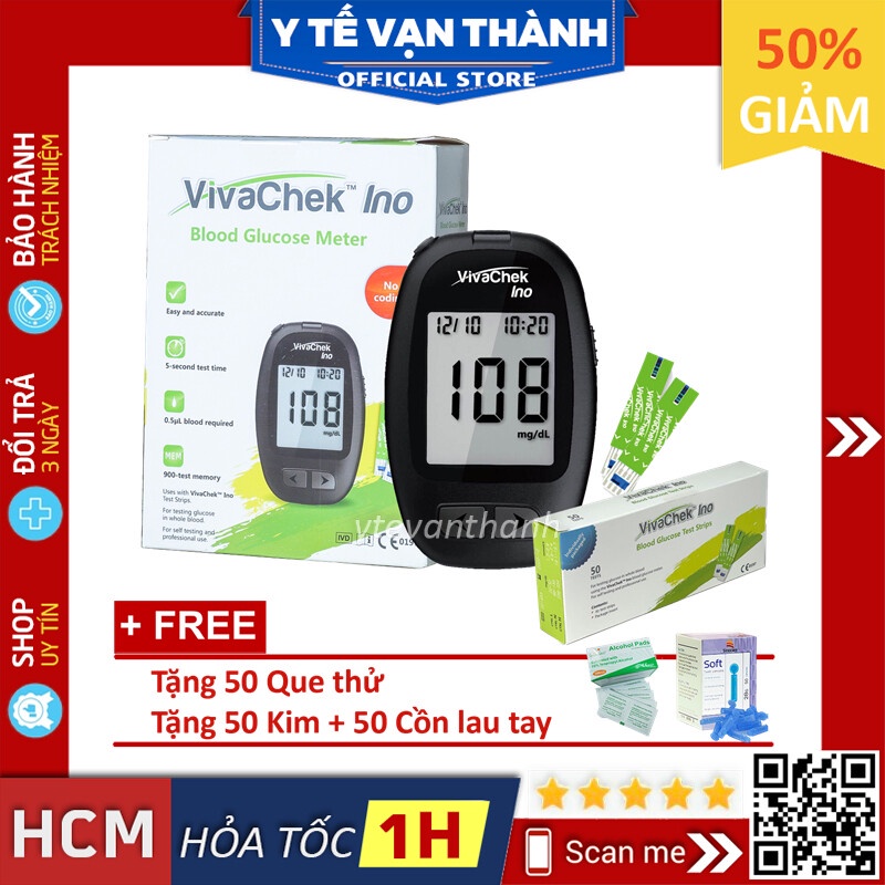 ✅ [TRỌN BỘ] Máy Đo Đường Huyết- VivaChek Ino (Kèm 50 Que + 50 Kim + 50 Cồn), (Viva Check) (VivaCheck) -VT0599