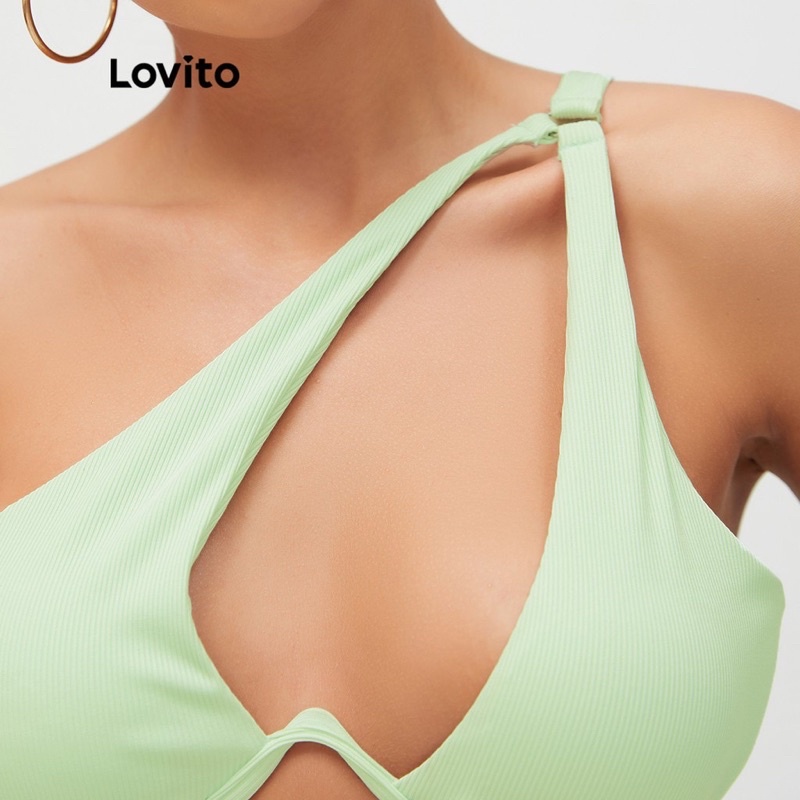 Bikini đi biển Lovito kiểu sọc gân có khoen tròn màu trơn phong cách Boho