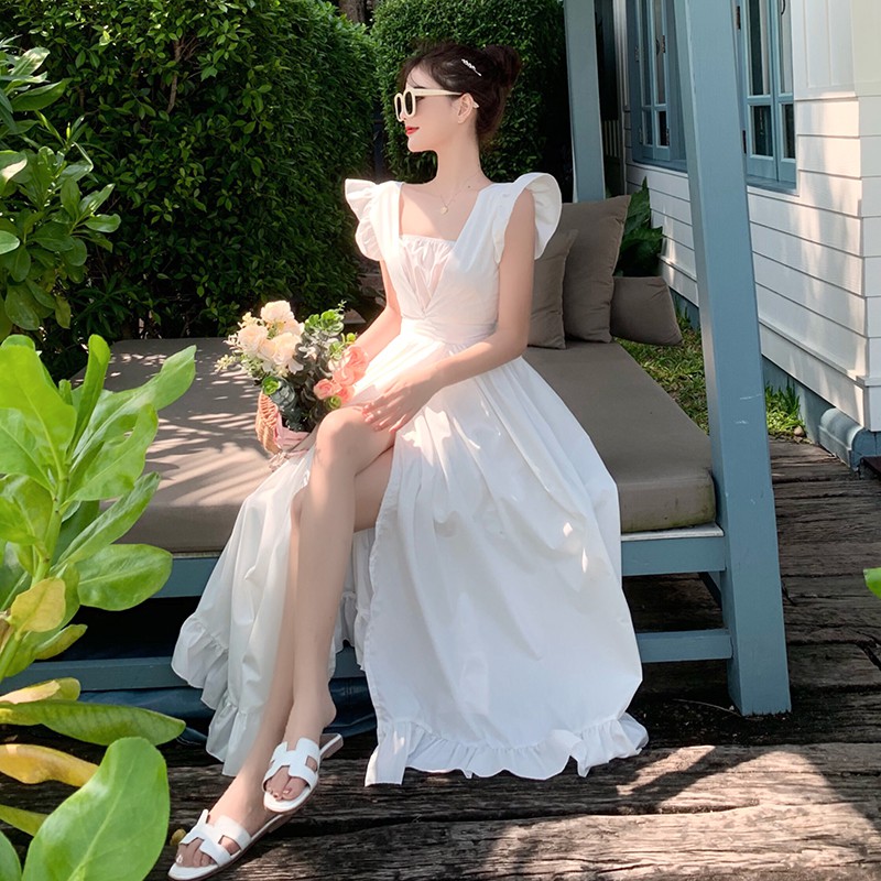 sẵn JANE Đầm trắng xoè đi biển xẻ tà biến hoá hai phong cách ỐN ẢNH THẬT CUỐI quyến rũ và dễ thương J0196