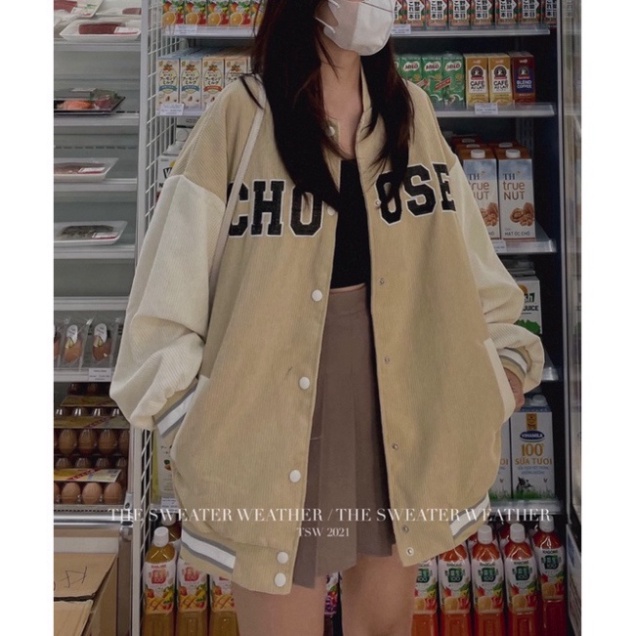 Áo khoác bomber nhung tăm cúc bấm thêu Choose ( Ảnh thật by TSW ) chuyensiquanaonugiare
