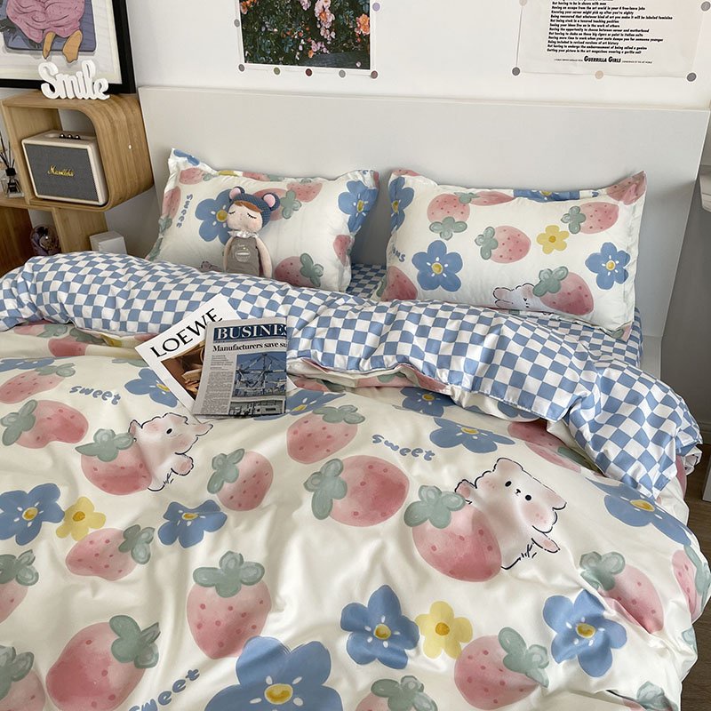Bộ vỏ chăn ga gối Cotton poly M2T BEDDING gồm vỏ chăn, drap ga giường và 2 vỏ gối nằm - PL Dâu xanh