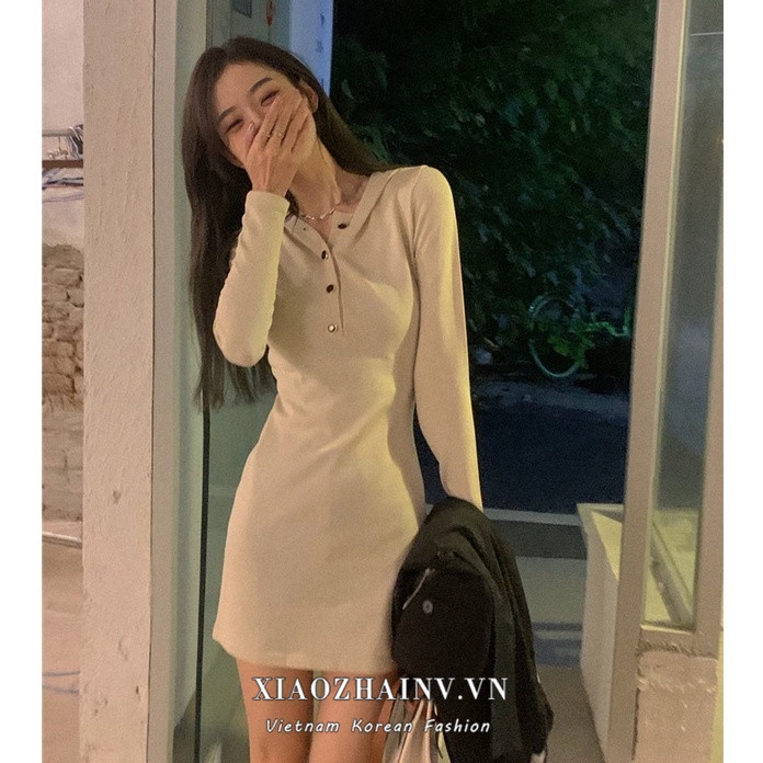 Xiaozhainv Đầm dệt kim tay dài có nón phong cách Hàn Quốc đơn giản cho nữ