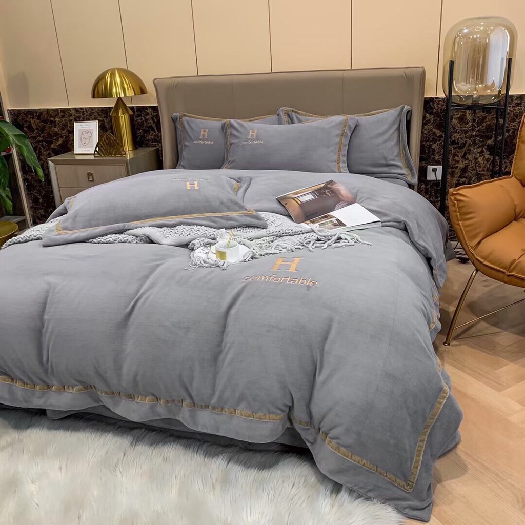 Bộ ga gối vỏ chăn nỉ chữ H 4 món  shop vũ thị thơm