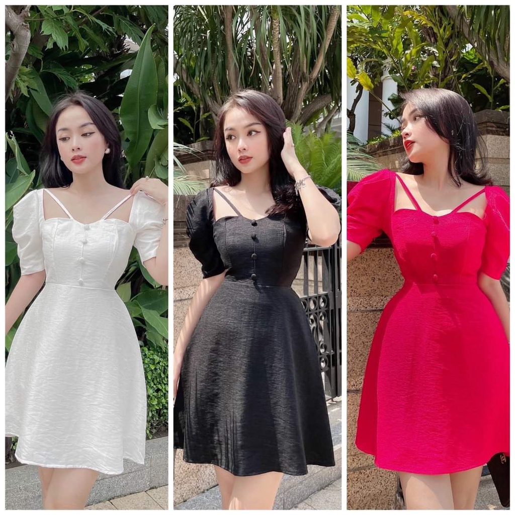 Váy đầm nữ xòe đính nút đan dây chéo cổ,xinh xắn phù hợp cho nàng dự tiệc ,dạo phố có 3 màu như hình