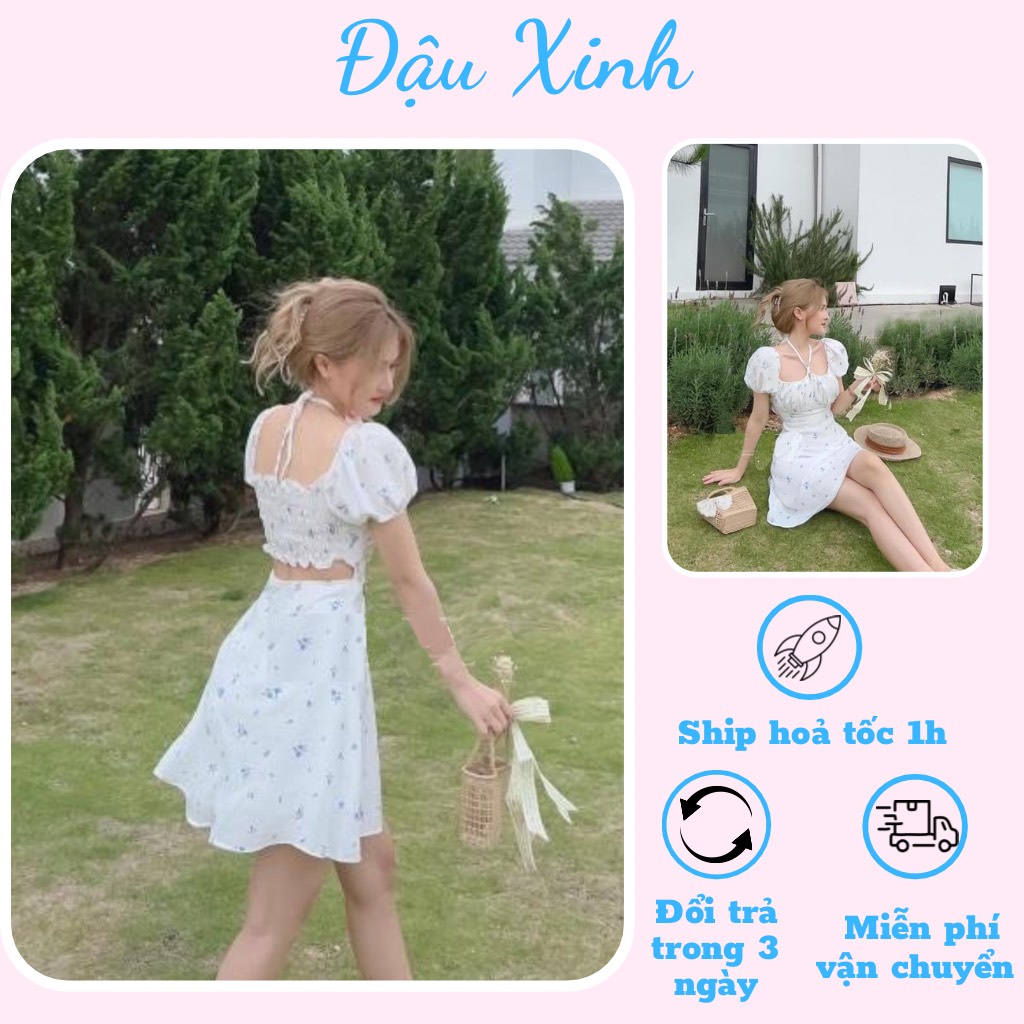 Váy đầm nữ hoa nhí cổ vuông tay phồng hở lưng có mút ngực Shop Đậu Xinh - V520