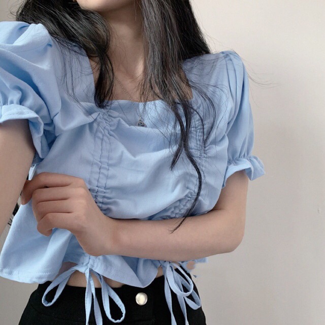 Áo kiểu màu xanh rút dây 307