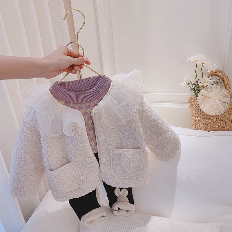 Áo khoác vải nhung ấm áp phong cách Hàn Quốc 2021 thời trang thu đông đáng yêu dành cho bé gái