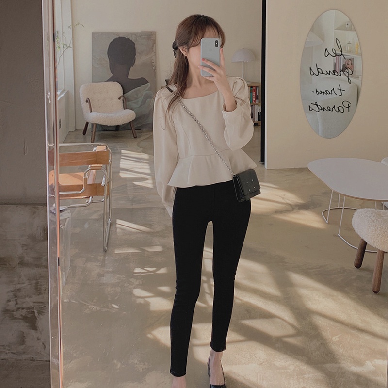 Áo tay dài SUXI cổ vuông phong cách cổ điển Hàn Quốc dễ phối đồ cho nữ