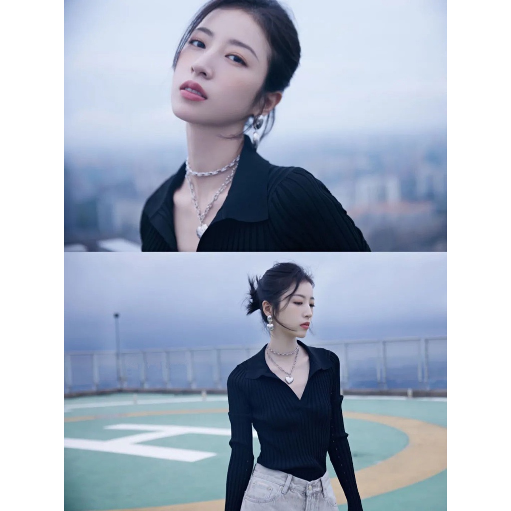 Áo kiểu ZHELIHANGFEI dệt kim tay dài cổ chữ V ôm dáng vừa vặn thời trang dành cho nữ