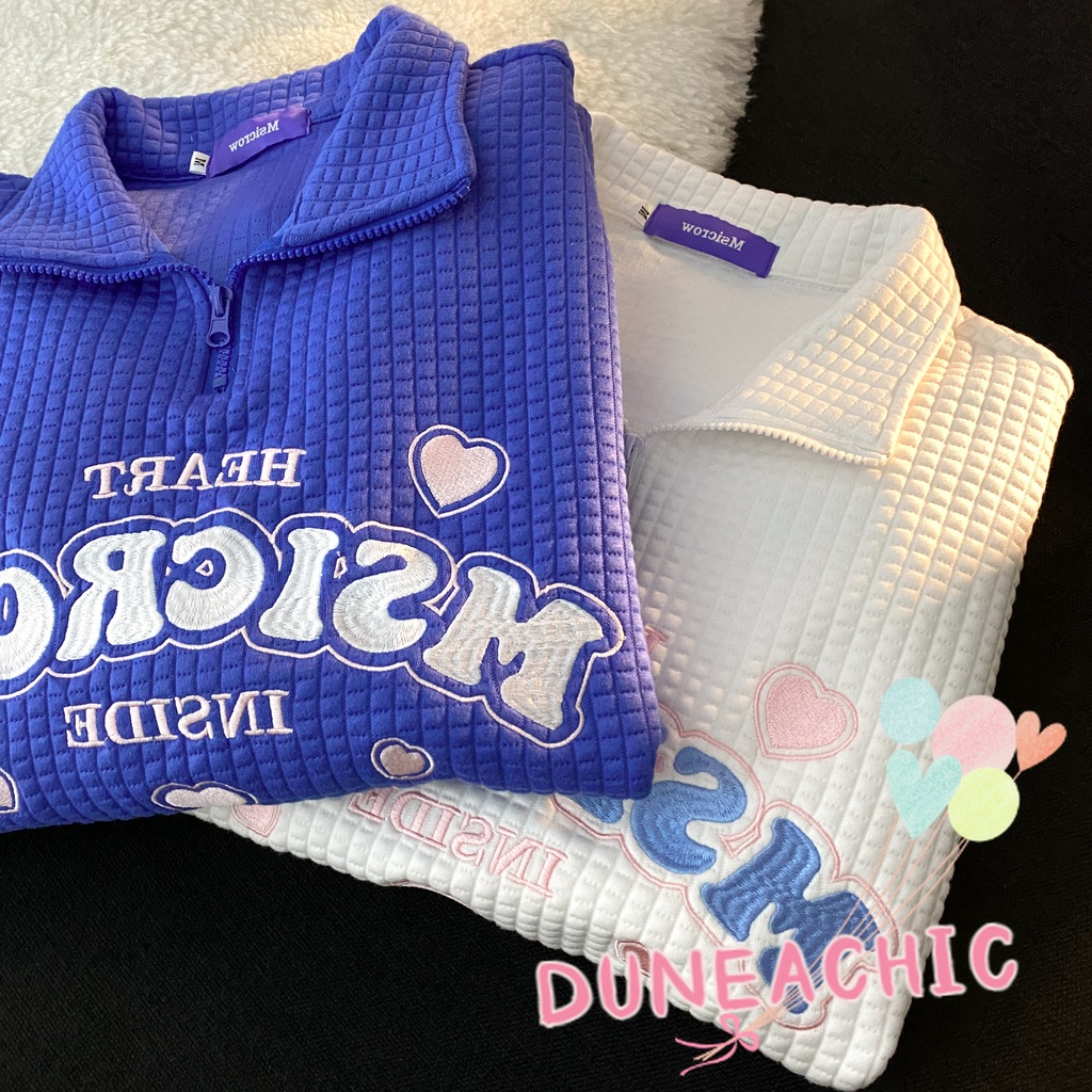 DUNEA Áo Sweater Cổ POLO Màu Xanh Dương Thêu Chữ Waffle Klein Cổ Điển Cho Nữ DUNEA