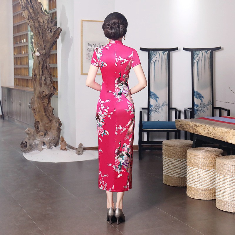 Chinese National Spring Cheongsam Long Dress Peacock Floral Vintage Silk Women Dresses | BigBuy360 - bigbuy360.vn