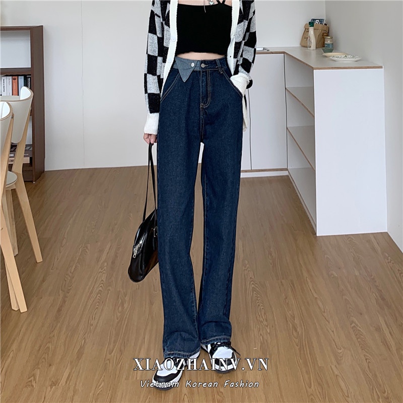 Quần jeans ống rộng lưng cao phối cạp tam giác màu xanh dương đậm thời trang cho nữ hàng loại 1