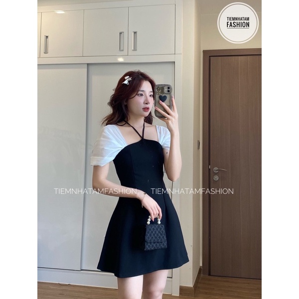 Váy cổ yếm dây buộc phối tay bồng chất tuyết mưa có khoá phía sau