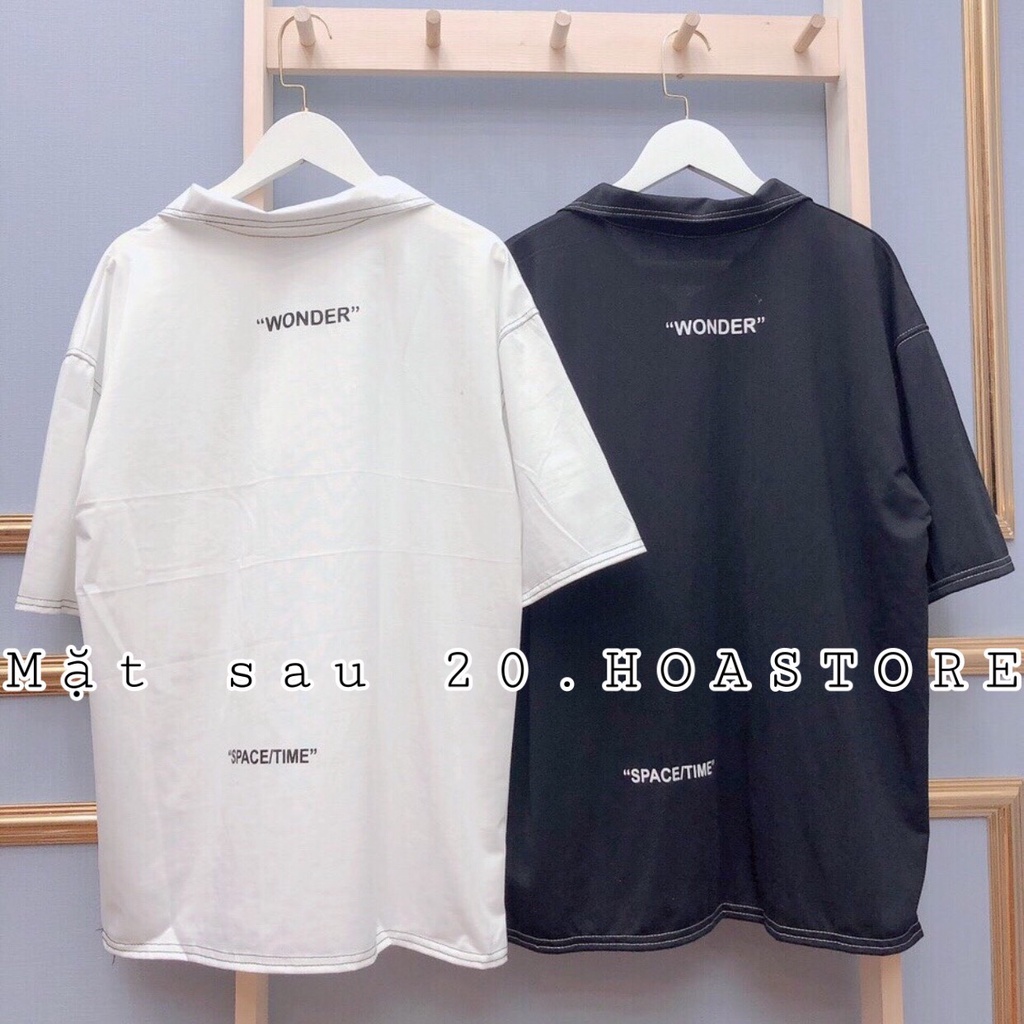 Áo Thun POLO CON BÒ CHỈ NỔI Nam Nữ Ulzzang Unisex - Áo Polo Tay Lỡ Cổ Viền Chỉ WONDER 2 Màu Trắng Đen