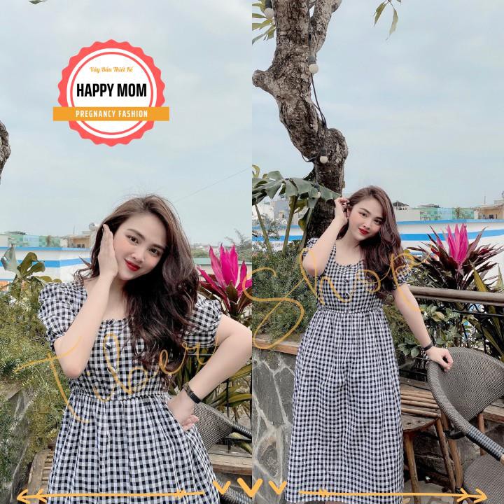 Váy Bầu Công Sở Dáng Suông, Dáng Dài Qua Gối, Hoạ Tiết Kẻ Caro