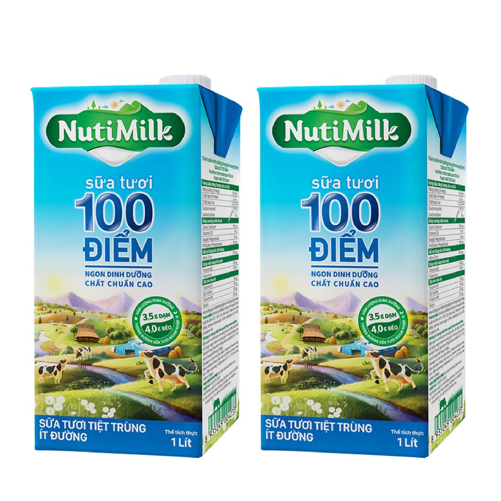 2 Hộp Sữa Tươi Tiệt Trùng 100 Điểm Ít Đường Nutimilk 1Lít