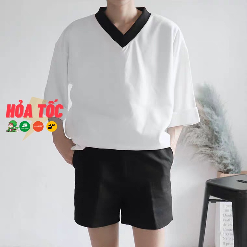 Áo Thun Unisex Form Rộng Tay Lỡ Lửng Cổ V Viền Đen, Thời Trang Đơn Giản, Trẻ Trung, Thanh Lịch