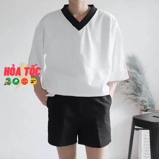 Áo thun nam cổ tim viền đen tay lửng form rộng