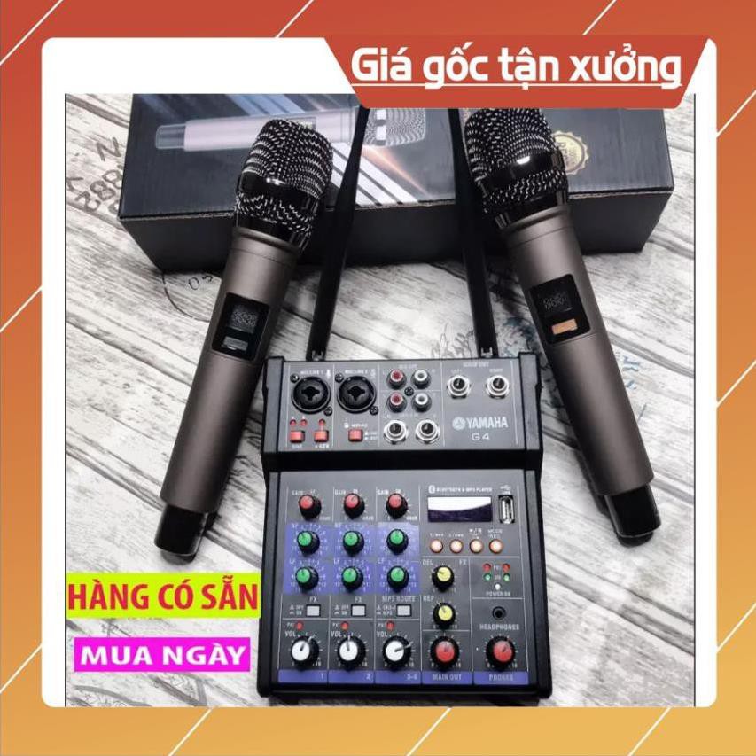 Bàn Mixer G4 livestream Thu Âm Karaoke được hỗ trợ màn hình LED có bluetooth 2 mic không dây Tiện Lợi