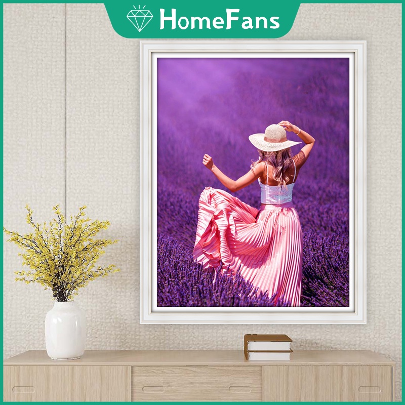 Bộ Tranh Đính Đá Họa Tiết Cô Gái &amp; Hoa Oải Hương Độc Đáo Kích Thước 30x40cm DIY