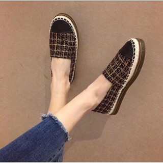 Giày lười slip on nữ vải dạ phối da xinh xắn