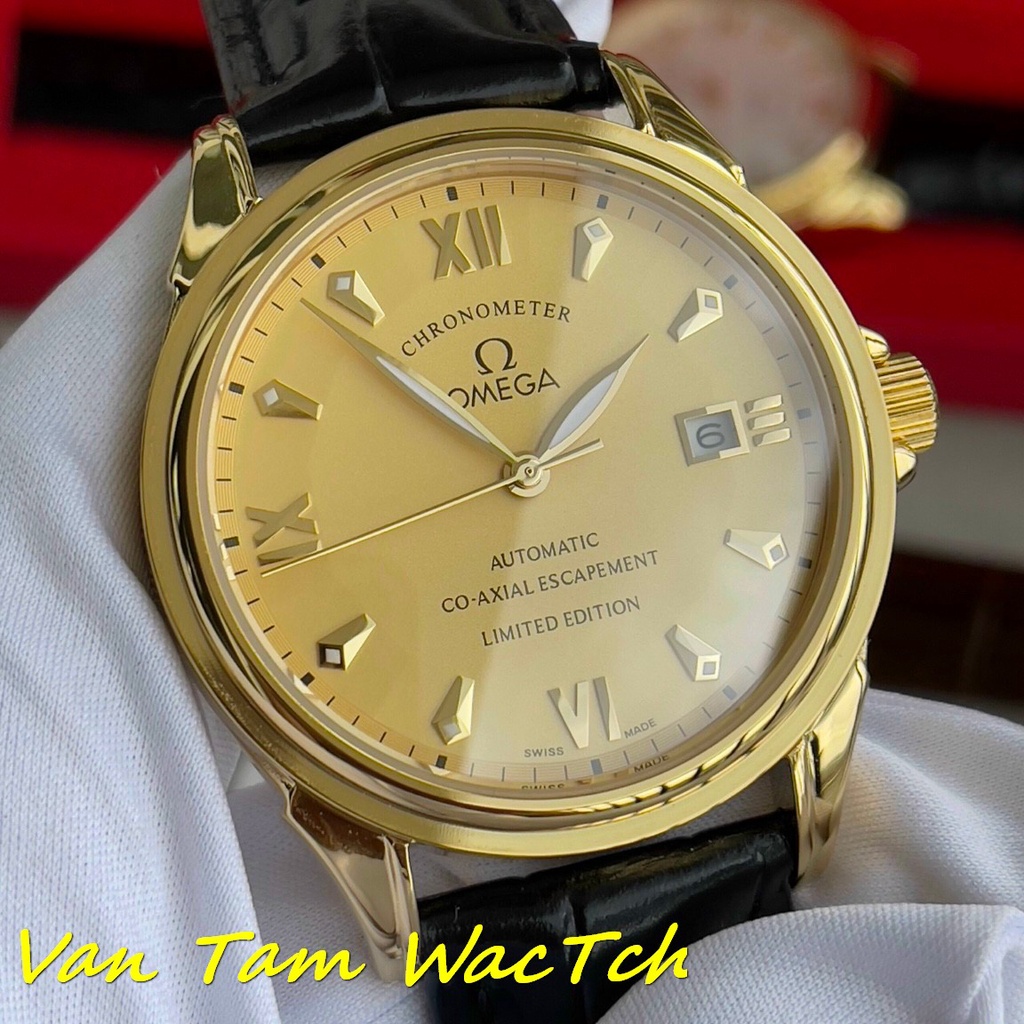 Đồng hồ nam omega co-axial chronometer escapement g 39mm máy Thụy Sĩ automatic, mẫu trơn mặt tròn vàng, viền vàng,dây da